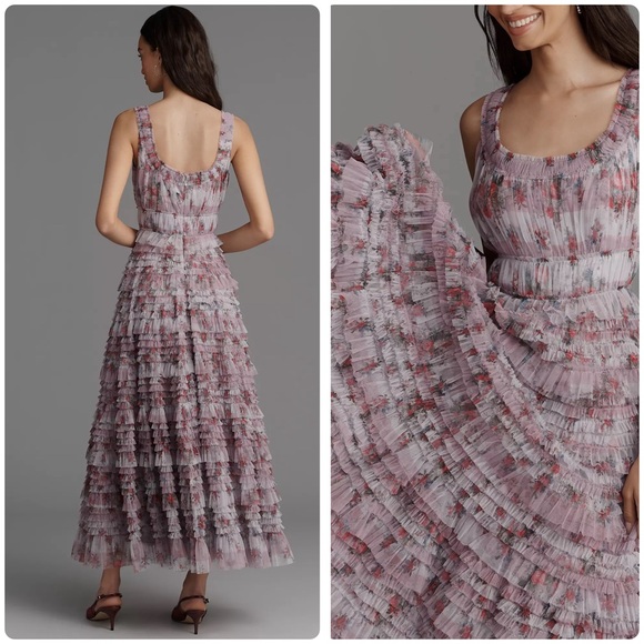 Anthropologie Mac Duggal size 2 Sleeveless Tiered Ruffle Floral Midi Dress - Picture 3 of 10